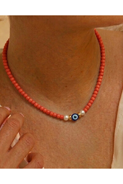 BHCL Nazar Boncuk Necklace, Turquoise Stone Necklace, Coral Necklace, Steel W...