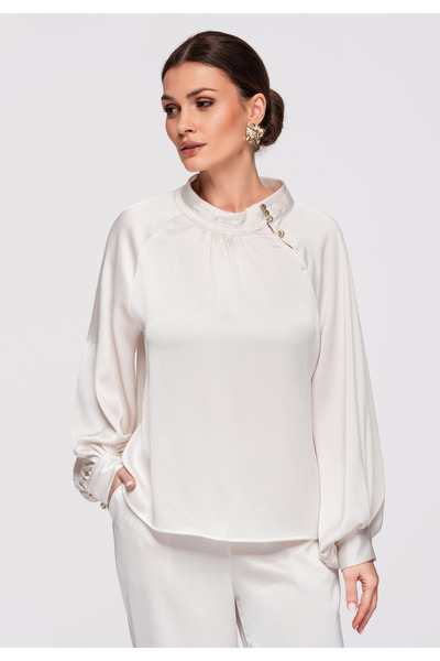 OMBRE Damen Bluse elegant OW-TS-E0024 Satin Standardlänge Off white