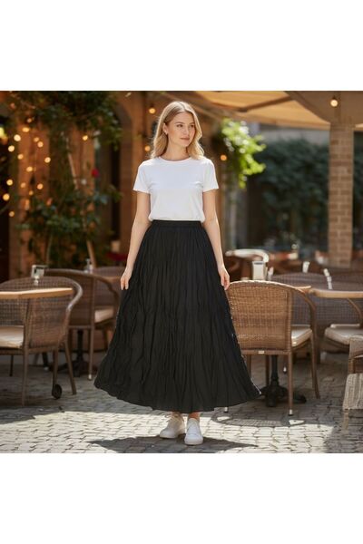 GÖMLEK GALERİSİ Straight Skirt with Elastic Waist, Standard Size, Wrinkled Sk...