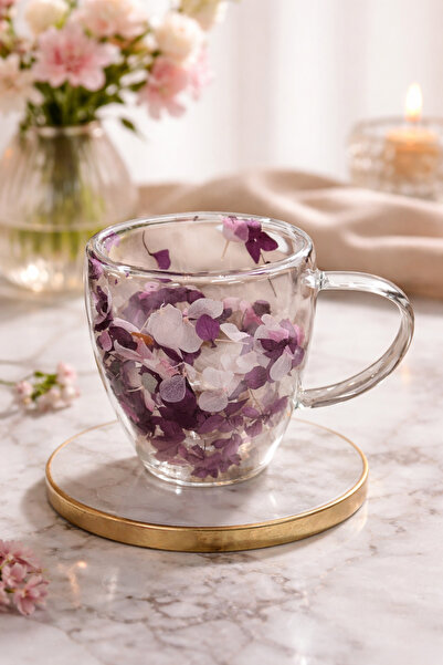 MAKRİ HOME كوب زجاجي مزدوج الجدار بتصميم زهور باللون الأبيض الأرجواني، سعة 35...