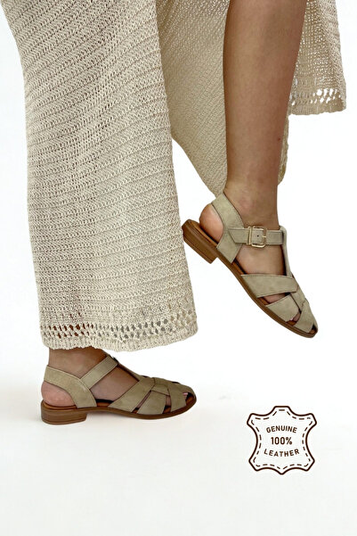 inizio Beige Genuine Leather Suede Flat Women's Shoes Slipper Of0061