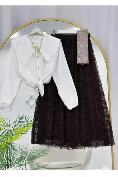 VOLT CLOTHİNG Eyelet Embroidery Shirt Lace Detailed Tulle Skirt Set