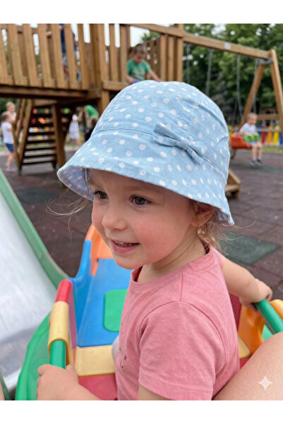 PIECE SIGNATURE 100% قطن، قبعة دلو منقطة باللون الأزرق الفاتح للبنات (مقاس 52...