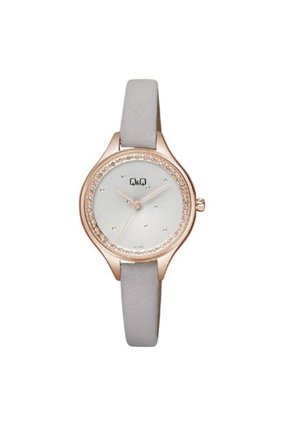 Q&Q Watch QB73J101Y, gold case, 32mm, gray Leather Belt , silver dial