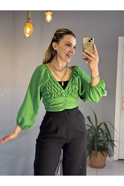 Gözde Tasarım Butik Women's Green Color V-Necklace Dress with K Linen Look, A...