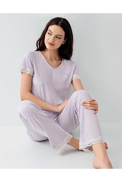 Pierre Cardin Women's V-Neck Lace Pajama Set 50% Cotton 50% Modal – Short Sle...