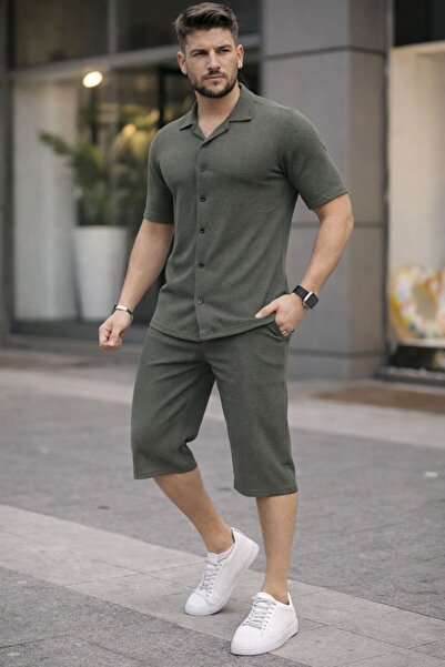 zs zaos fashion Waffle Men's Shorts Shirt Set Cotton Pieces Textured Quality ...