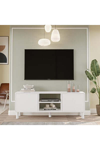 Yurupa Alessa Tv Ünitesi Sehpası 160cm Bohem Raflı Kapaklı Beyaz ALS1-W