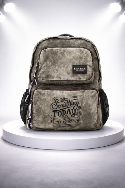 KAFF Zippered Front Pocketed Design Unisex Vintage Denim Useful Backpack -Daston