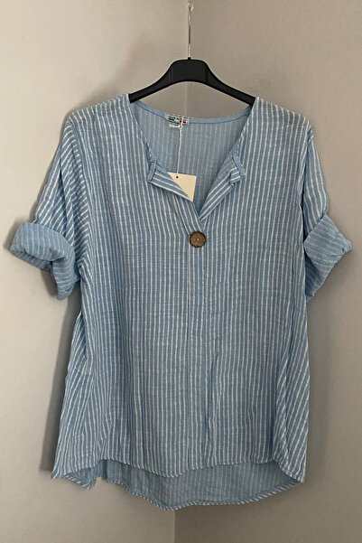 AYASOFYA OTANTIK Women's Italian Light Blue Striped 3/4 Sleeve Loose 100% Cot...