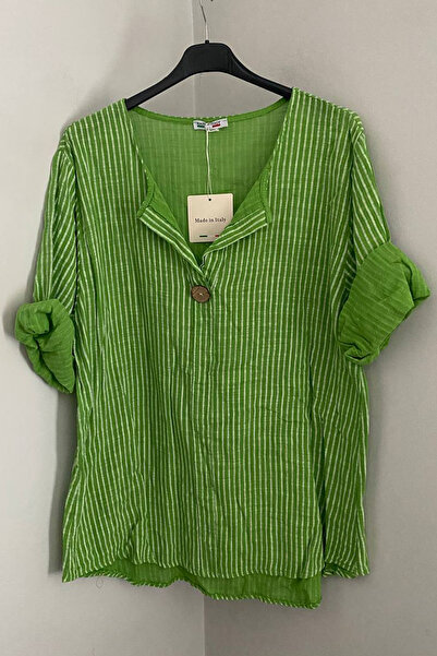 AYASOFYA OTANTIK Women's Italian Light Green Striped 3/4 Sleeve Loose 100% Co...