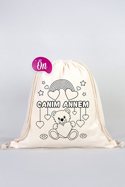 Pamusan Boyanabilir Canım Annem Ham Bez Çanta - 35x40 cm - AYICIK ÇİÇEK Desenli 5 ADET