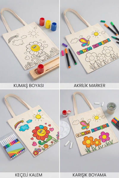 Pamusan Boyanabilir Canım Annem Ham Bez Çanta - 35x40 cm - AYICIK ÇİÇEK Desenli 5 ADET