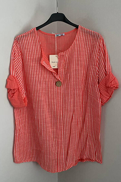 AYASOFYA OTANTIK Women's Italian Salmon Striped 3/4 Sleeve Loose 100% Cotton ...