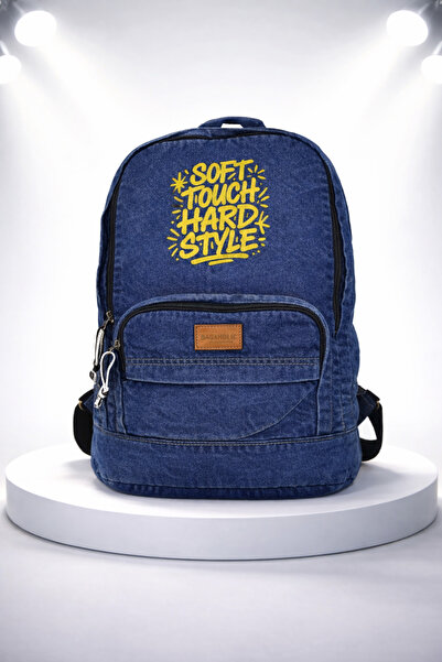 KAFF Zippered Front Pocketed Design Unisex Vintage Denim Backpack -Moonkot
