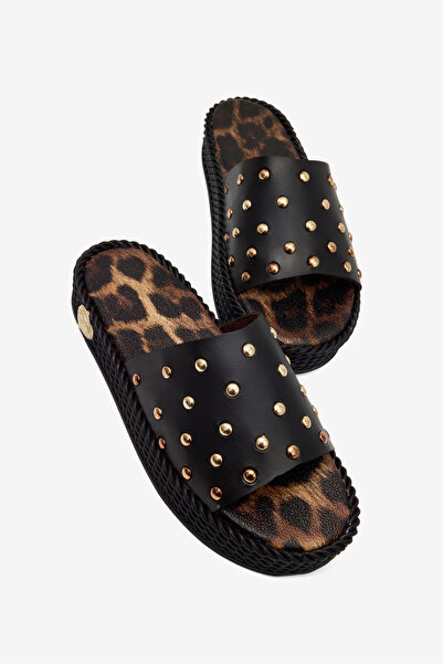 Tonny Black Women's Black PU Sole Flat Bead Detailed Shoes Slipper