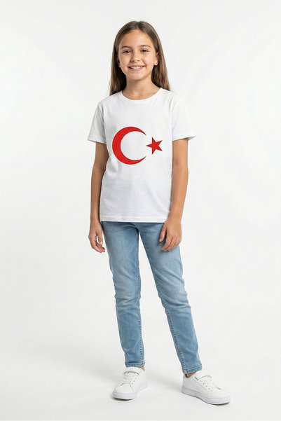 kinderos Unisex Çocuk Bisiklet Yaka Türk Bayrak Baskılı Kısa Kollu Tişört