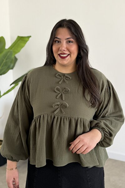 CHUL BÜYÜK BEDEN KADIN MÜSLİN FIRFIR VE KURDELE DETAYLI BLUZ