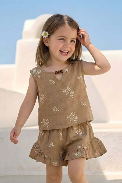 Zeyland Κοριτσίστικο Σετ Κεντητή Μπλούζα και Σορτς - Μπεζ