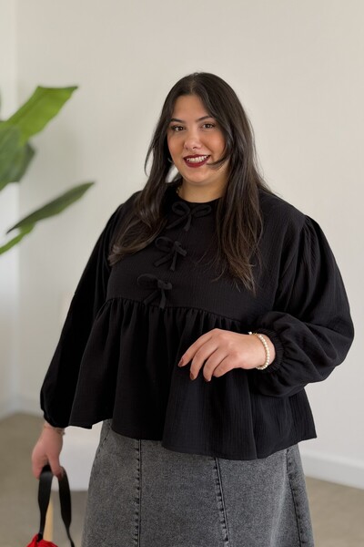 CHUL BÜYÜK BEDEN KADIN MÜSLİN FIRFIR VE KURDELE DETAYLI BLUZ