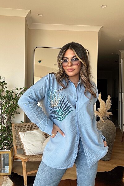 Sohotique By P Sequined Feather Detail Voile Shirt Blue