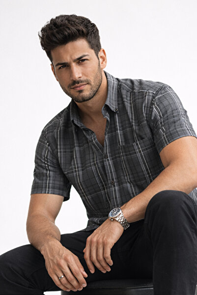 Varetta Men's Short Sleeve Shirt Smoked Checked Wide Cut Pocketed Cotton Pack...