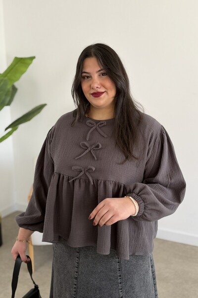 CHUL BÜYÜK BEDEN KADIN MÜSLİN FIRIFR VE KURDELE DETAYLI BLUZ