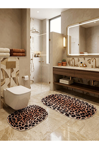 Brillant 2'li Leopar Desen Lateks Taban Banyo Paspası (70x110-45x55)