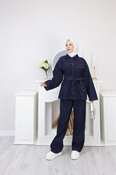 MİREL BUTİK Elite Women's Tie-Up Jeans Denim 2-Piece Set Buttoned Jacket and ...