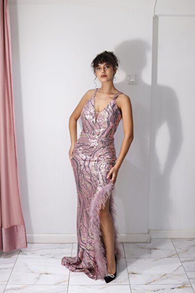 Angy Fashion “Pink Stardust” Dress – luxurious sequins and feathers Size: 42