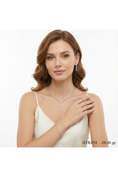 Gezer Kuyumculuk 925 Ayar Gümüş Su Yolu Takı Seti, Pırlanta Möntör Zirkon Taş...