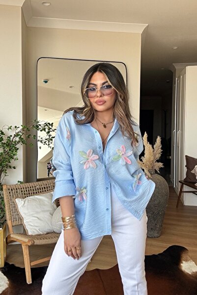 Sohotique By P Floral Appliqué Voile Fabric Shirt Blue