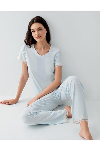 Pierre Cardin Women's V-Neck Lace Pajama Set 50% Cotton 50% Modal – Short Sle...