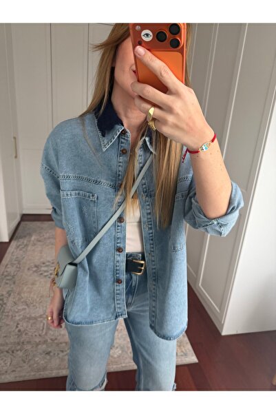 begum mayda Orijinal Model , Lacivert Dantel İşlemeli , Tensel Jean Gömlek