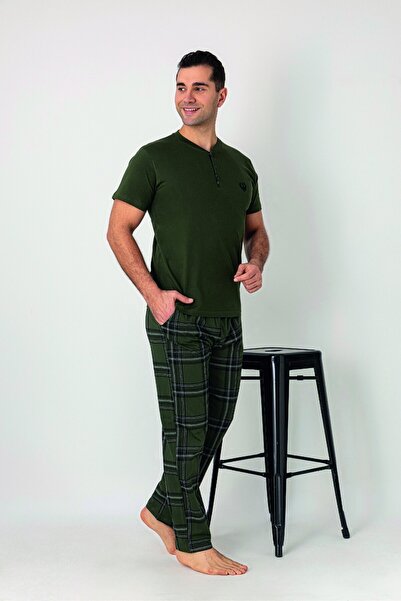 Estiva Men's Checked Alt Patterned Khaki Short Sleeve Pajama Set with Patches...