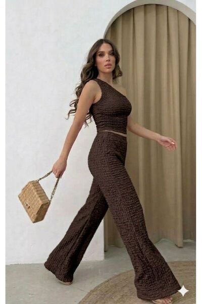 onlymoon Bürümcük Fabric One-Shoulder Women's Top and Bottom Set |   High Wai...