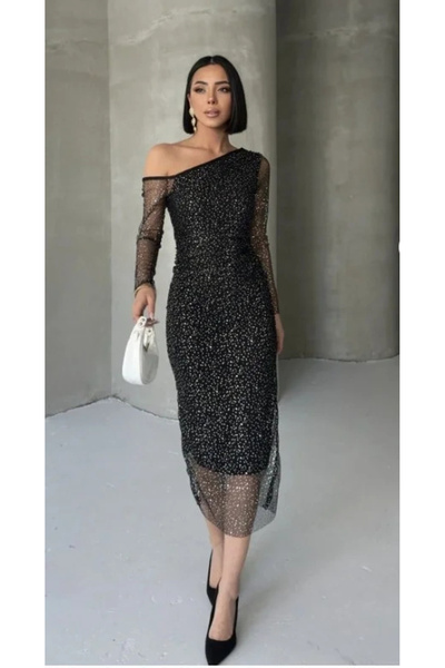 bysoca Women's Black Glittery Tulle Detail Asymmetrical One Shoulder Long Sle...