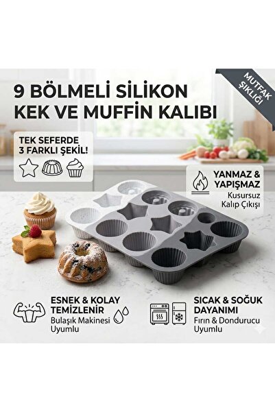 LOVYCO 9-Compartment Fireproof Non-Stick Silicone Cake and Muffin Mold - Star...