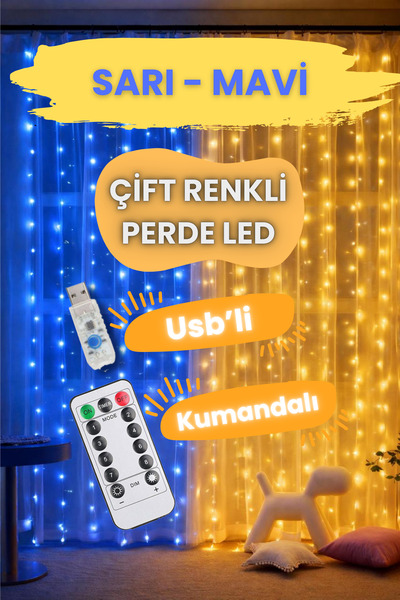 TrendDeco Sarı Mavi Çift Renkli Perde Led Usbli Animasyonlu Taraftar Kutlama ...