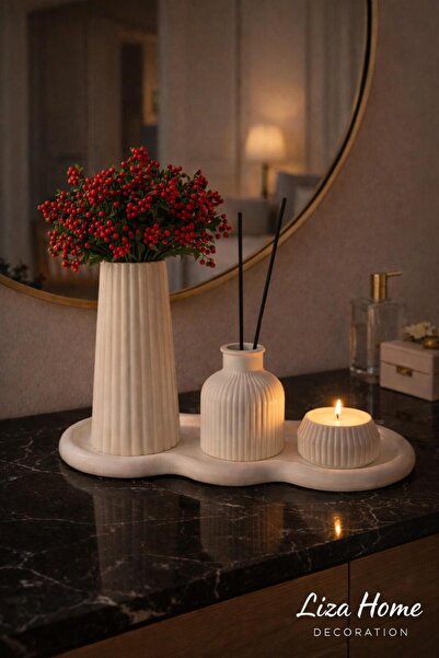 LİZA HOME DECORATION 3’lü Dekoratif Vazo Seti Tepsili Modern Minimal Mumluklu...