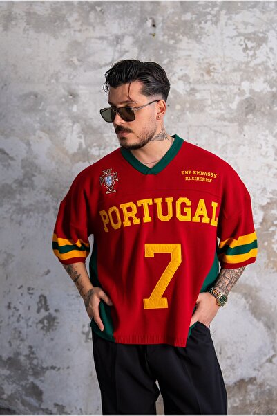 OUTFİT MAN Πορτογαλικό Τυπωμένο Φαρδύ Πλεκτό Μπλουζάκι Κόκκινο