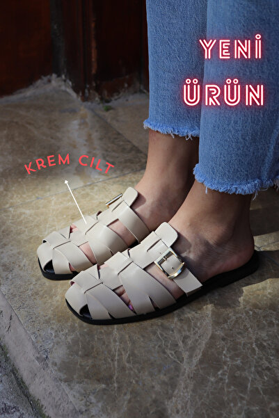 diya shoes Women's Leather Knitted Detailed Buckle Casual Slippers