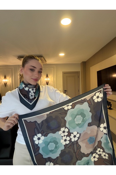 Luminos Butik Women's Patterned Satin Neck Scarf Bandana Brown Green Ecru