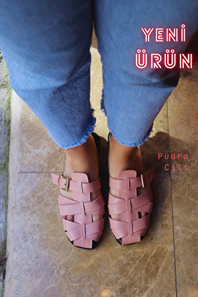 diya shoes Women's Leather Knitted Detailed Buckle Casual Slippers