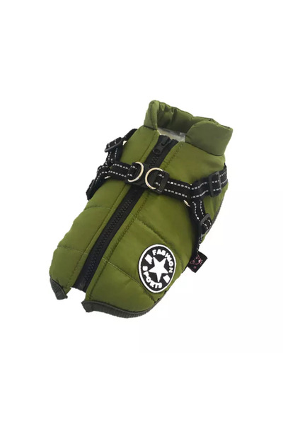 Ropet Geaca impermeabila pentru caini cu ham, captusita, cu fermoar, Verde, M...