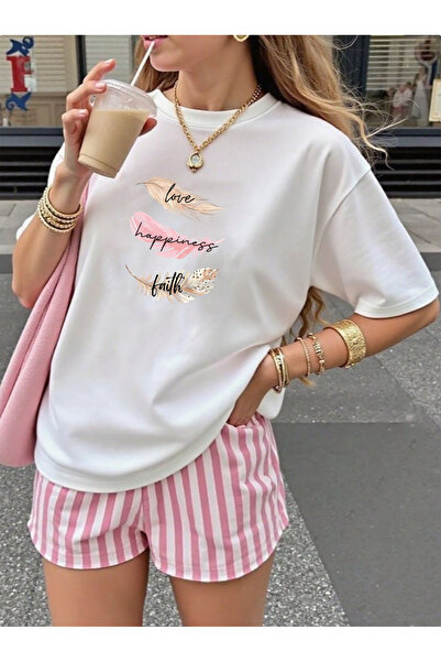 SUNFREE Slogan Notlu Tüy Printed Oversized Short Sleeve Women's White Tshirt