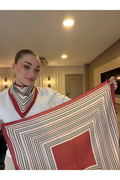 Luminos Butik Women's Patterned Satin Neck Scarf Bandana Red Ecru Black