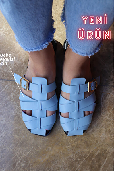 diya shoes Women's Leather Knitted Detailed Buckle Casual Slippers