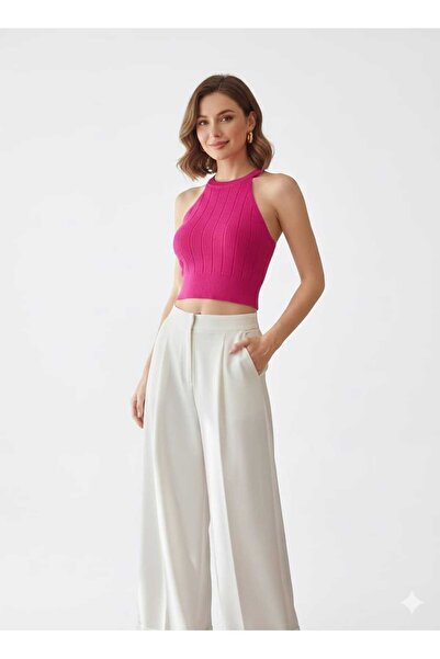 Zeyn KADIN TRİKO BEL HİZASI KOLSUZ HALTER YAKA ŞIK BLUZ BADİ