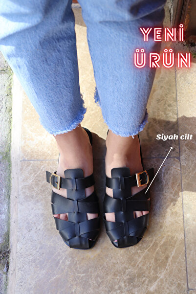 diya shoes Women's Leather Knitted Detailed Buckle Casual Slippers